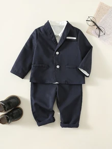 SHEIN Baby Boy 2pcs Set: Long Sleeve Open Front Jacket With Lapel Collar And Elastic Waist Long Pants - Multicolor - View 5