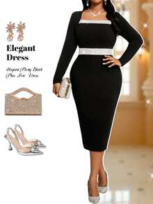 Fleurora Elegant Black Autumn Formal Evening Dress,Plus Size Square Neck Sequin Patchwork Contrast Binding Party Winter Bodycon Midi Dress - Black and White - View 8