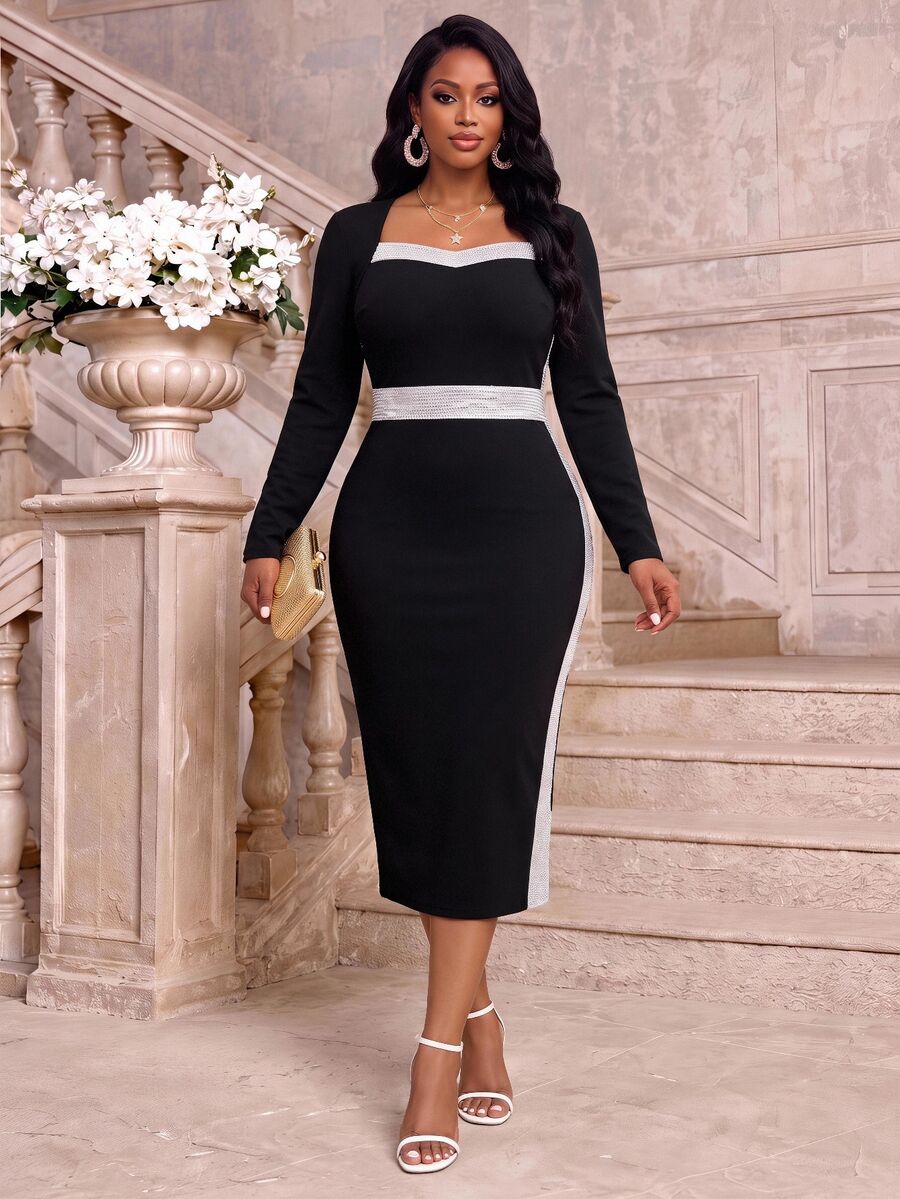 Fleurora Elegant Black Autumn Formal Evening Dress,Plus Size Square Neck Sequin Patchwork Contrast Binding Party Winter Bodycon Midi Dress - Black and White - View 1