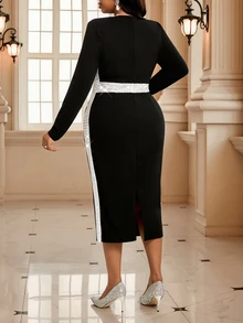 Fleurora Elegant Black Autumn Formal Evening Dress,Plus Size Square Neck Sequin Patchwork Contrast Binding Party Winter Bodycon Midi Dress - Black and White - View 2
