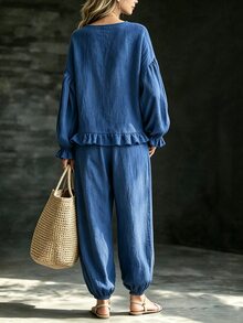 Linhara Plus Size Women 2 Pieces Boho Set, Round Neck Ruffle Hem Lantern Sleeve Top, Elastic Cuff Pants, Textured Solid Dusty Blue Brunch Vacation Fall - Blue - View 2
