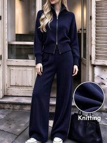 TaskSense Women's Zip-Up Long Sleeve Sweater And Loose Knit Pants Set Autumn - Blue - View 1