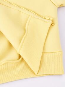 SHEIN 青少年女孩純色抓絨2件套，黃色保暖內裡拉鍊短版連帽外套與寬腿長褲運動套裝，秋冬休閒穿搭 - 黃色 - 查看 7