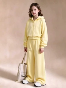 SHEIN 青少年女孩純色抓絨2件套，黃色保暖內裡拉鍊短版連帽外套與寬腿長褲運動套裝，秋冬休閒穿搭 - 黃色 - 查看 4