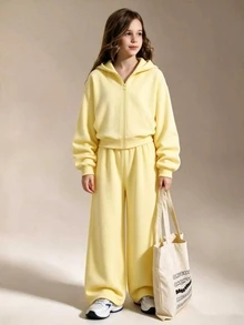SHEIN 青少年女孩純色抓絨2件套，黃色保暖內裡拉鍊短版連帽外套與寬腿長褲運動套裝，秋冬休閒穿搭 - 黃色 - 查看 3
