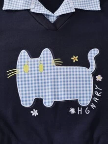 SHEIN 青少年女孩可愛格紋拼接 2 合 1 衛衣 卡通貓咪圖案熱轉印 仿法蘭絨層次感長袖冬季抓絨內裡保暖套頭衫 - 藏蓝色 - 查看 4