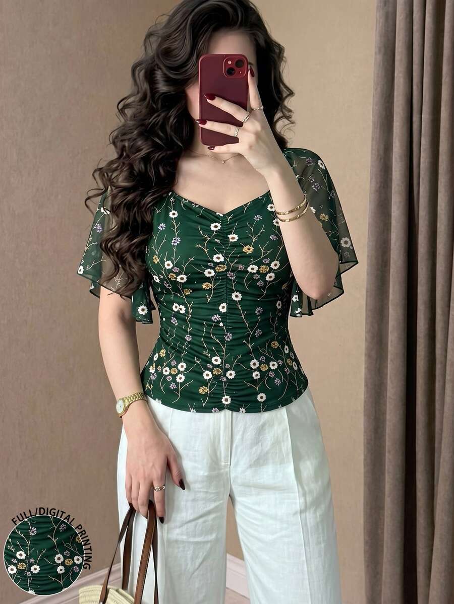 Modelyn 碎花女款上衣,夏季時尚方領荷葉邊飄逸袖設計,橄欖綠雪紡印花上衣,適合日常穿著 - 彩色 - 查看 1