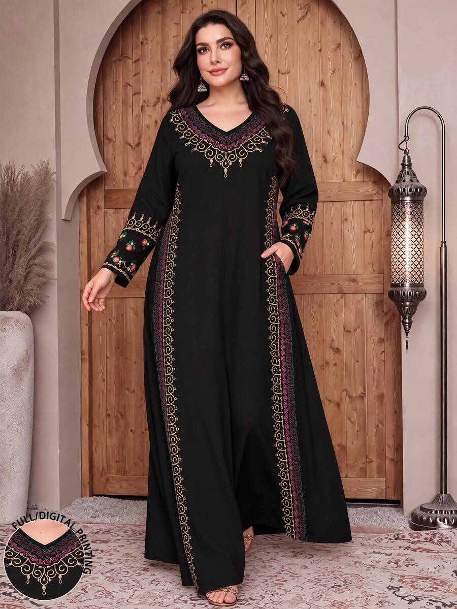 Lacomfia Plus Size Women's Swirl,Floral Embroidery V-Neck Long Sleeve Dress With Pockets,Black Summer Modest Muslim Wedding Al-Adha Turkish Abaya Dress Fall - Multicolor - View 1