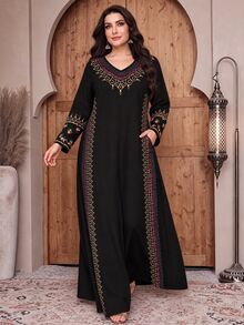 Lacomfia Plus Size Women's Swirl,Floral Embroidery V-Neck Long Sleeve Dress With Pockets,Black Summer Modest Muslim Wedding Al-Adha Turkish Abaya Dress Fall - Multicolor - View 3