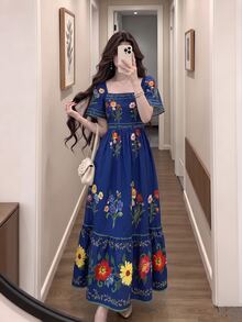 Modelyn Floral Plant Print Fashion Square Neck Large Flutter Sleeve Design Cap Sleeve Dress, Summer Waist-Cinching Midi Dress, Floral Pattern Brown Long Dress - Multicolor - View 3