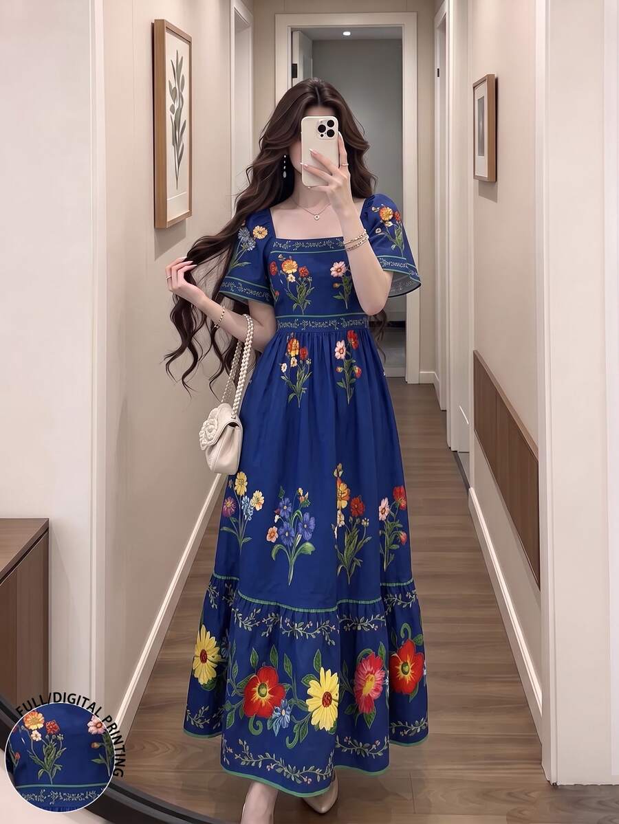 Modelyn Floral Plant Print Fashion Square Neck Large Flutter Sleeve Design Cap Sleeve Dress, Summer Waist-Cinching Midi Dress, Floral Pattern Brown Long Dress - Multicolor - View 1