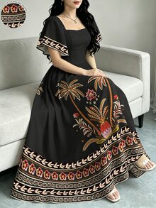 Modelyn 熱帶植物印花優雅女款洋裝，時尚方領短袖洋裝，荷葉邊下擺設計，夏季度假波希米亞風洋裝 - 彩色 - 查看 4