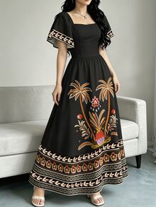 Modelyn 熱帶植物印花優雅女款洋裝，時尚方領短袖洋裝，荷葉邊下擺設計，夏季度假波希米亞風洋裝 - 彩色 - 查看 6
