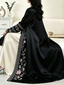 Al Najma Floral Print Elegant Arabic Abaya, Spring/Autumn Fashion Long Sleeve Open Front Long Coat, Arabic Style Clothing - Multicolor - View 2