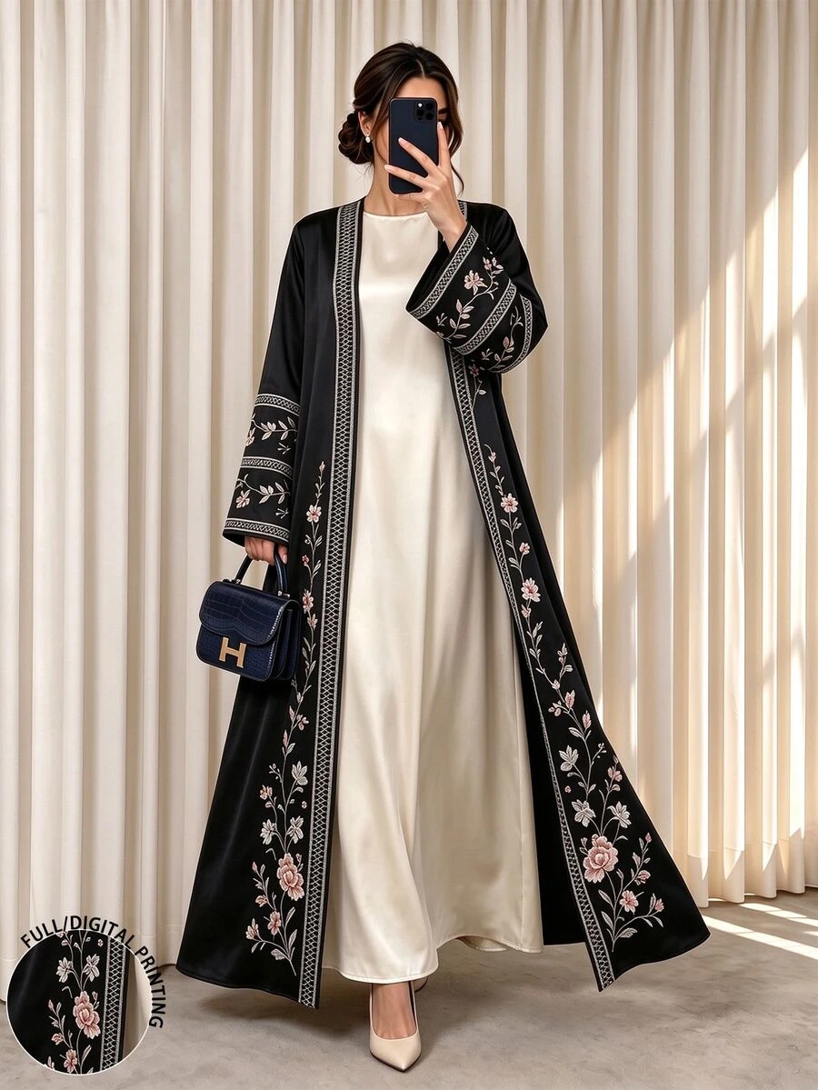 Al Najma Floral Print Elegant Arabic Abaya, Spring/Autumn Fashion Long Sleeve Open Front Long Coat, Arabic Style Clothing - Multicolor - View 1