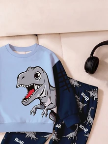 طقم ملابس من قطعتين للأولاد الصغار: سويت شيرت برقبة دائرية بطبعة ديناصور T-Rex وبنطال رياضي بطبعة شاملة - متعدد الألوان - مشاهدة 7