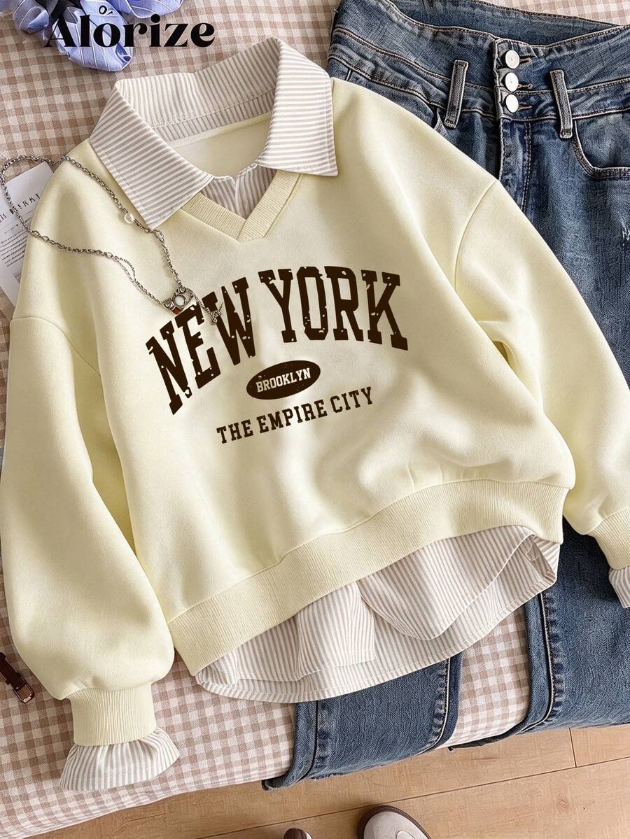 SHEIN ملابس خريفية للفتيات المراهقات، سويت شيرت كاجوال بأسلوب الشارع والمدينة والكلية، قميص ثقيل ثقيل 2 في 1 بياقة وطباعة أرقام وحروف ونقشة نمر فضفاضة - لون مشمشي - مشاهدة 1