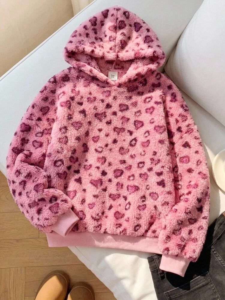 SHEIN جاكيت صوف ناعم للفتيات المراهقات في فصل الخريف والشتاء، سويت شيرت وردي بغطاء رأس وأكمام طويلة وسحاب، مطبوع عليه قلب ونقشة نمر، دافئ ومريح وناعم ومنفوش ولطيف للاستخدام اليومي، من الفرو الناعم - وردي - مشاهدة 4