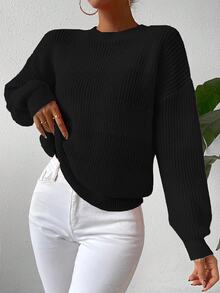 SHEIN Women Casual Minimalist Loose Fit Black Winter Basic Everyday Pullover Sweater, Solid Color Round Neck Drop Shoulder Long Sleeve Puff Top - Black - View 2