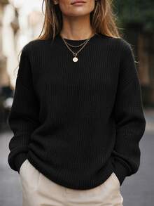 SHEIN Women Casual Minimalist Loose Fit Black Winter Basic Everyday Pullover Sweater, Solid Color Round Neck Drop Shoulder Long Sleeve Puff Top - Black - View 3