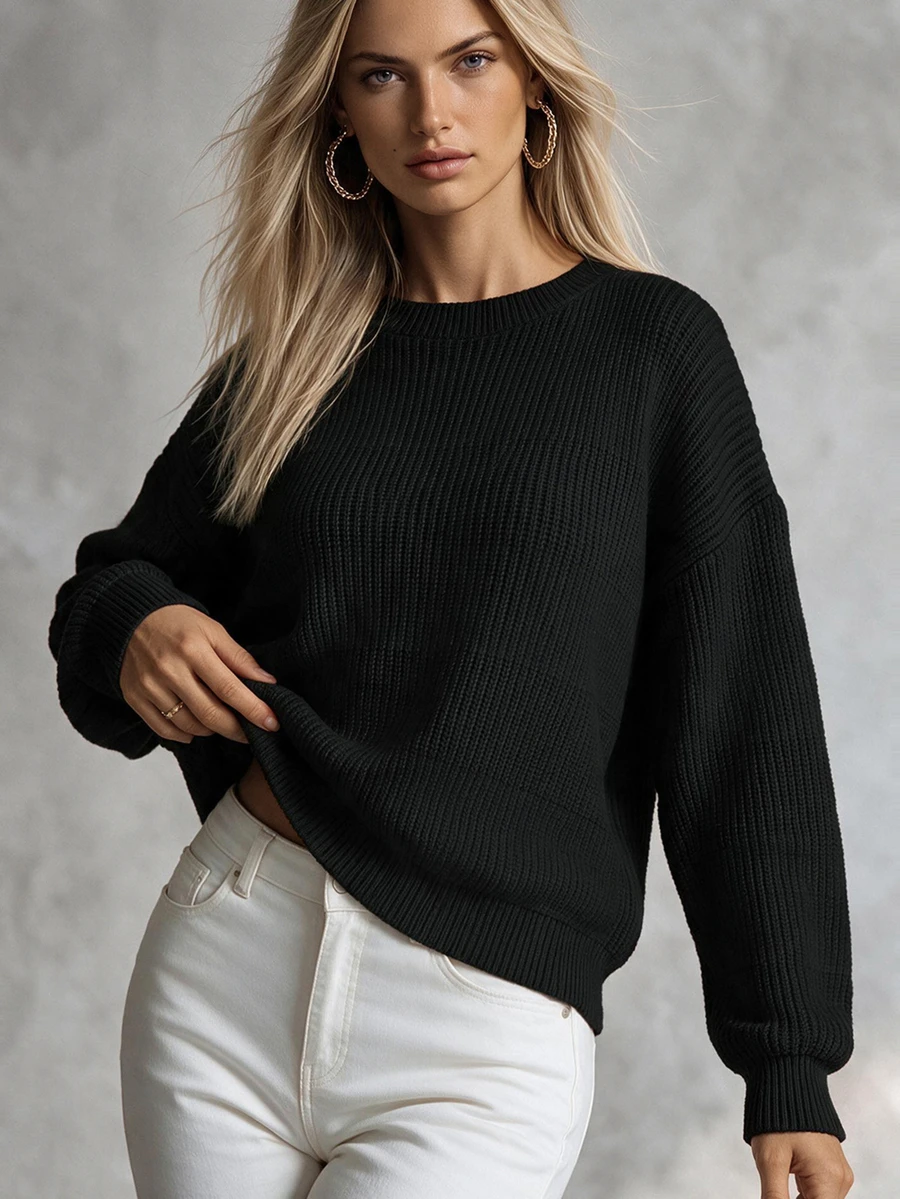 SHEIN Women Casual Minimalist Loose Fit Black Winter Basic Everyday Pullover Sweater, Solid Color Round Neck Drop Shoulder Long Sleeve Puff Top - Black - View 1