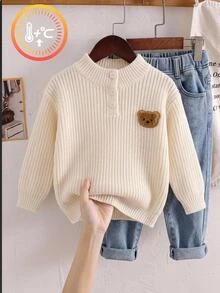 SHEIN كنزة صوفية للأطفال بنصف أزرار بتصميم دب تيدي باللون الأبيض الكريمي، كنزة صوفية ناعمة بنسيج وافل للأولاد شتوية - أبيض - مشاهدة 9