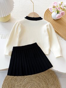 6 Months - 3 Years Baby Girl Colorblock Round Neck Knitted Cardigan With Pleated Skirt 2 Pieces Set, Bow Collar Decoration Pocket Design, Sweet Spring/Autumn Outdoor Sweater Outfit - White - View 2