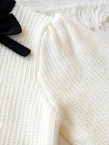6 Months - 3 Years Baby Girl Colorblock Round Neck Knitted Cardigan With Pleated Skirt 2 Pieces Set, Bow Collar Decoration Pocket Design, Sweet Spring/Autumn Outdoor Sweater Outfit - White - View 5