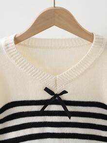 SHEIN Girls' V-Neck Striped Knit Sweater With Bow Decoration, V-Neck Design, Black And White Horizontal Stripes, Bow Detail On Chest, Suitable For Various Outfits - White - View 4
