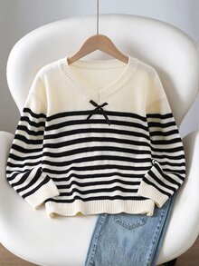 SHEIN Girls' V-Neck Striped Knit Sweater With Bow Decoration, V-Neck Design, Black And White Horizontal Stripes, Bow Detail On Chest, Suitable For Various Outfits - White - View 10