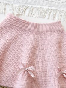 6 Months - 3 Years Baby Girl Bow Decor Round Neck Cardigan Sweater & Skirt 2 Pieces Set, Mushroom Button Puff Sleeve Knit Outfit, Sweet Spring/Autumn Outdoor Knit Set - Pink - View 7