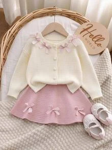 6 Months - 3 Years Baby Girl Bow Decor Round Neck Cardigan Sweater & Skirt 2 Pieces Set, Mushroom Button Puff Sleeve Knit Outfit, Sweet Spring/Autumn Outdoor Knit Set - Pink - View 10