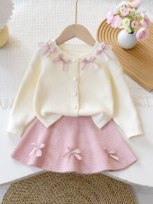 6 Months - 3 Years Baby Girl Bow Decor Round Neck Cardigan Sweater & Skirt 2 Pieces Set, Mushroom Button Puff Sleeve Knit Outfit, Sweet Spring/Autumn Outdoor Knit Set - Pink - View 1