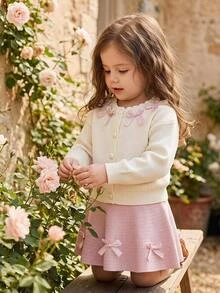 6 Months - 3 Years Baby Girl Bow Decor Round Neck Cardigan Sweater & Skirt 2 Pieces Set, Mushroom Button Puff Sleeve Knit Outfit, Sweet Spring/Autumn Outdoor Knit Set - Pink - View 9