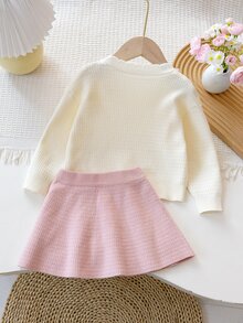 6 Months - 3 Years Baby Girl Bow Decor Round Neck Cardigan Sweater & Skirt 2 Pieces Set, Mushroom Button Puff Sleeve Knit Outfit, Sweet Spring/Autumn Outdoor Knit Set - Pink - View 2