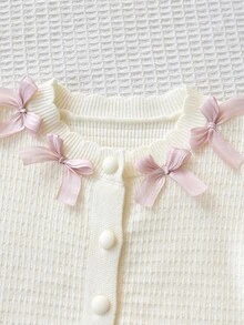 6 Months - 3 Years Baby Girl Bow Decor Round Neck Cardigan Sweater & Skirt 2 Pieces Set, Mushroom Button Puff Sleeve Knit Outfit, Sweet Spring/Autumn Outdoor Knit Set - Pink - View 3