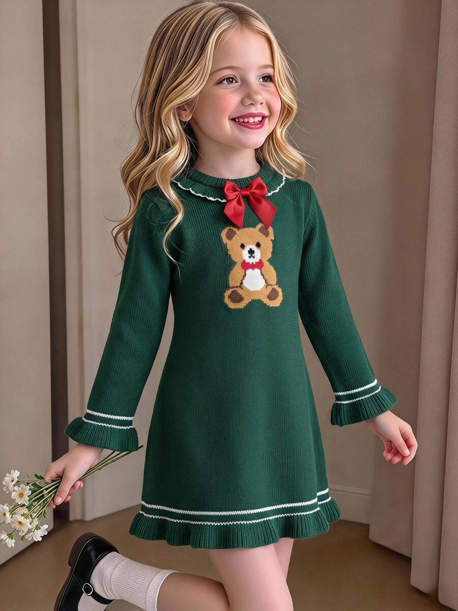 SHEIN 1pc Girls' Sweater Dress, Vintage Playful Dark Green & White ...