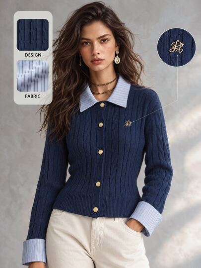Trelyra Blogger-Inspired 2 In 1 Patchwork Knit Cropped Cardigan Women Navy Blue Autumn Elegant French Classy Office Back-To-School Cable Collared Sweater
