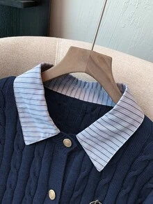 Trelyra Blogger-Inspired 2 In 1 Patchwork Knit Cropped Cardigan Women Navy Blue Autumn Elegant French Classy Office Back-To-School Cable Collared Sweater - Blue - View 7