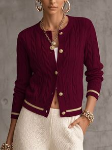 SHEIN Women's Casual Colorblock Striped Cardigan, Autumn/Winter Fall Cloth For Women - Burgundy - View 3