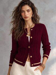 SHEIN Women's Casual Colorblock Striped Cardigan, Autumn/Winter Fall Cloth For Women - Burgundy - View 1