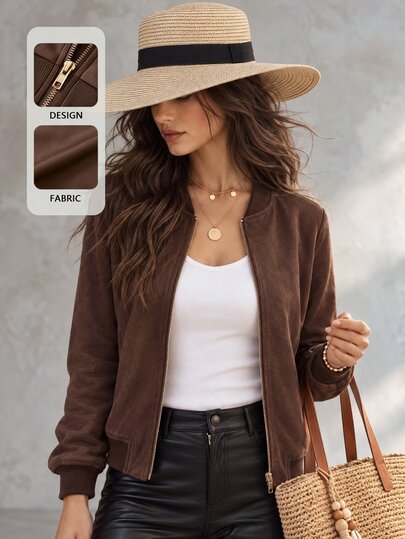 SHEIN Giacca casual versatile da donna, monocolore, con spalle regolari, maniche lunghe e chiusura lampo corta