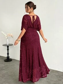 Firerie Plus Size Vår/Sommar Bekväm Casual Elegant Semester Jacquard Rynkad Kort Ärm V-ringning Elastisk Midja Utställd Lång Klänning för Kvinnor - Bourgogne - Visa 3