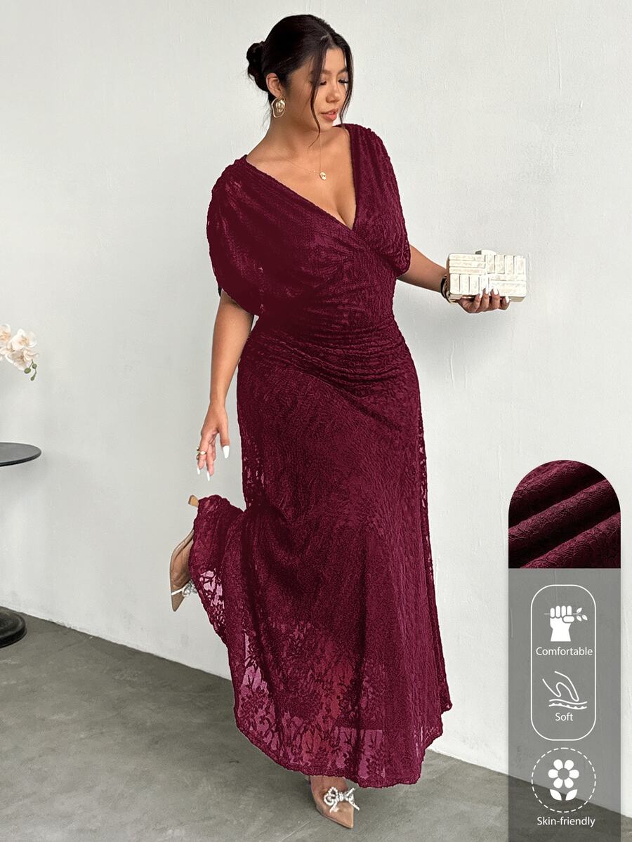 Firerie Plus Size Vår/Sommar Bekväm Casual Elegant Semester Jacquard Rynkad Kort Ärm V-ringning Elastisk Midja Utställd Lång Klänning för Kvinnor