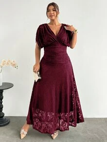 Firerie Plus Size Vår/Sommar Bekväm Casual Elegant Semester Jacquard Rynkad Kort Ärm V-ringning Elastisk Midja Utställd Lång Klänning för Kvinnor - Bourgogne - Visa 6