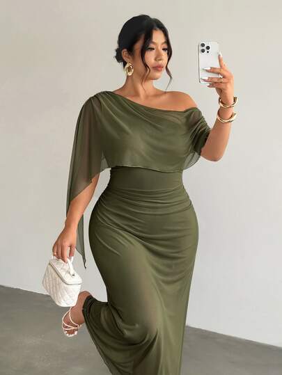 Firerie Vestido de capa con mangas largas y fruncido para mujer de talla grande, superposición de malla asimétrica, elástico, cómodo, casual, elegante, para vacaciones, citas, fiestas, té de la tarde, exquisito, encantador, estilo INS, moda, adecuado para primavera, verano, otoño e invierno