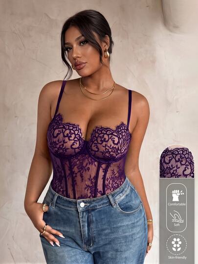 Firerie Plus Size Sexy Fishbone Lace Bodysuit