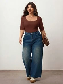 Enliva Plus Size Women's High Elasticity Fitted Square Neck Short Sleeve T-Shirt, Skin-Friendly Spring/Summer Style, Flattering For Round Body Shape (Suitable For Apple-Shaped Body) - Rust Brown - View 6