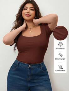 Enliva Plus Size Women's High Elasticity Fitted Square Neck Short Sleeve T-Shirt, Skin-Friendly Spring/Summer Style, Flattering For Round Body Shape (Suitable For Apple-Shaped Body) - Rust Brown - View 8