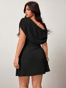 Enliva Plus Size Spring/Summer New Elegant Asymmetrical Cold Shoulder Short Sleeve Ruched Knit Dress, Casual Versatile Party Dress, One Shoulder Dress, Black Dress, Short A-Line Dress - Black - View 3